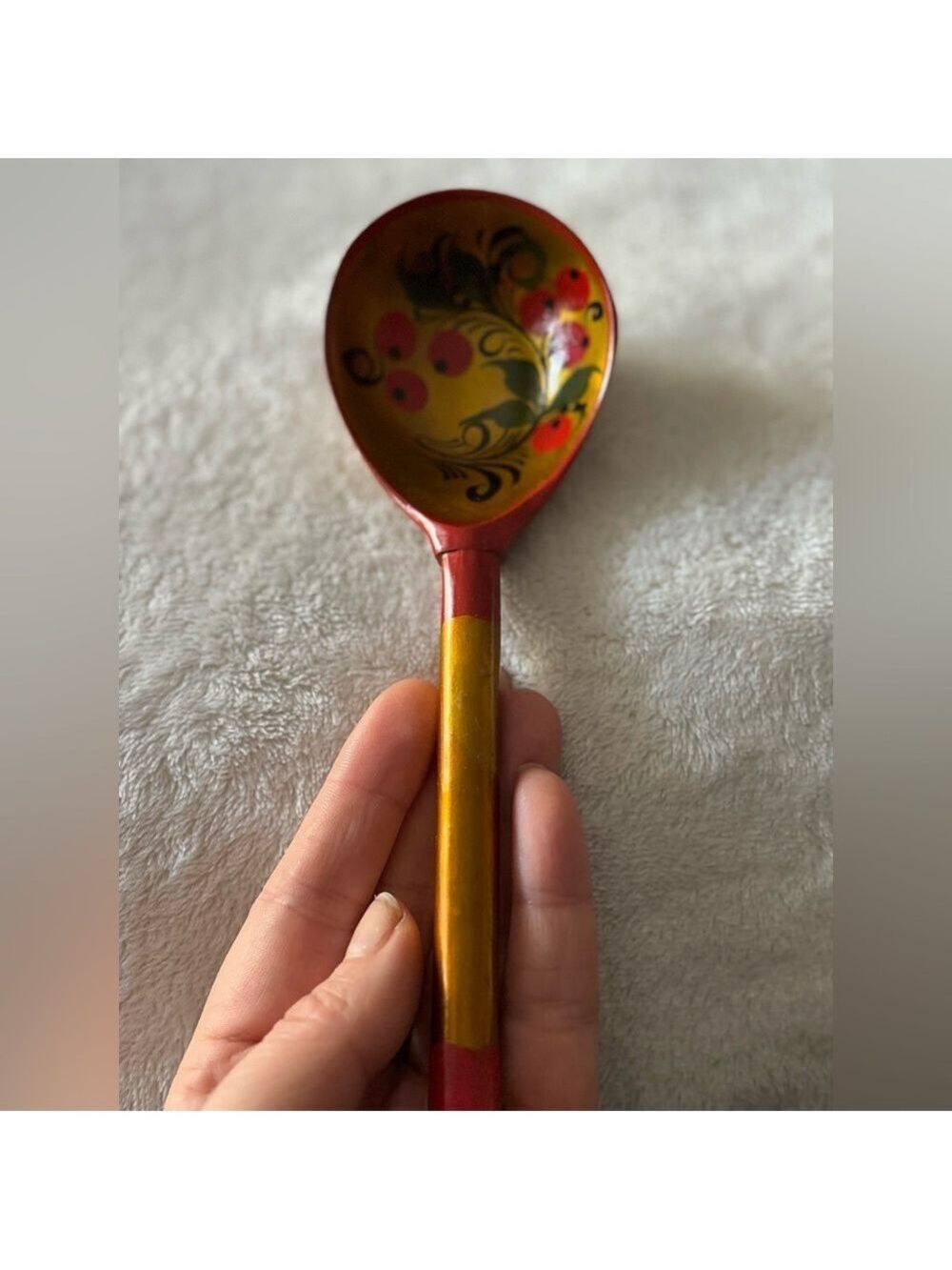 Vintage Khokhloma Russian Lacquer Wood Spoon • Hand-Painted Gold Folk Art • 7.5” - Picture 4 of 14